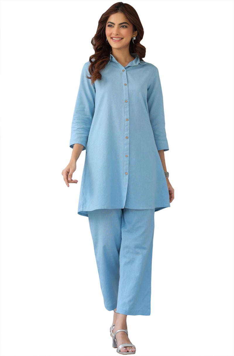 Janasya Women's Light Blue Linen Cotton Solid A-line Co-ord Set - Image 1