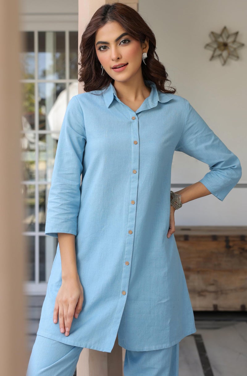 Janasya Women's Light Blue Linen Cotton Solid A-line Co-ord Set - Image 2