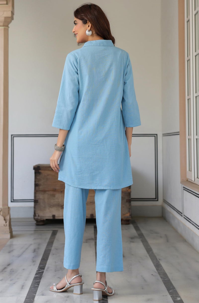 Janasya Women's Light Blue Linen Cotton Solid A-line Co-ord Set - Image 4