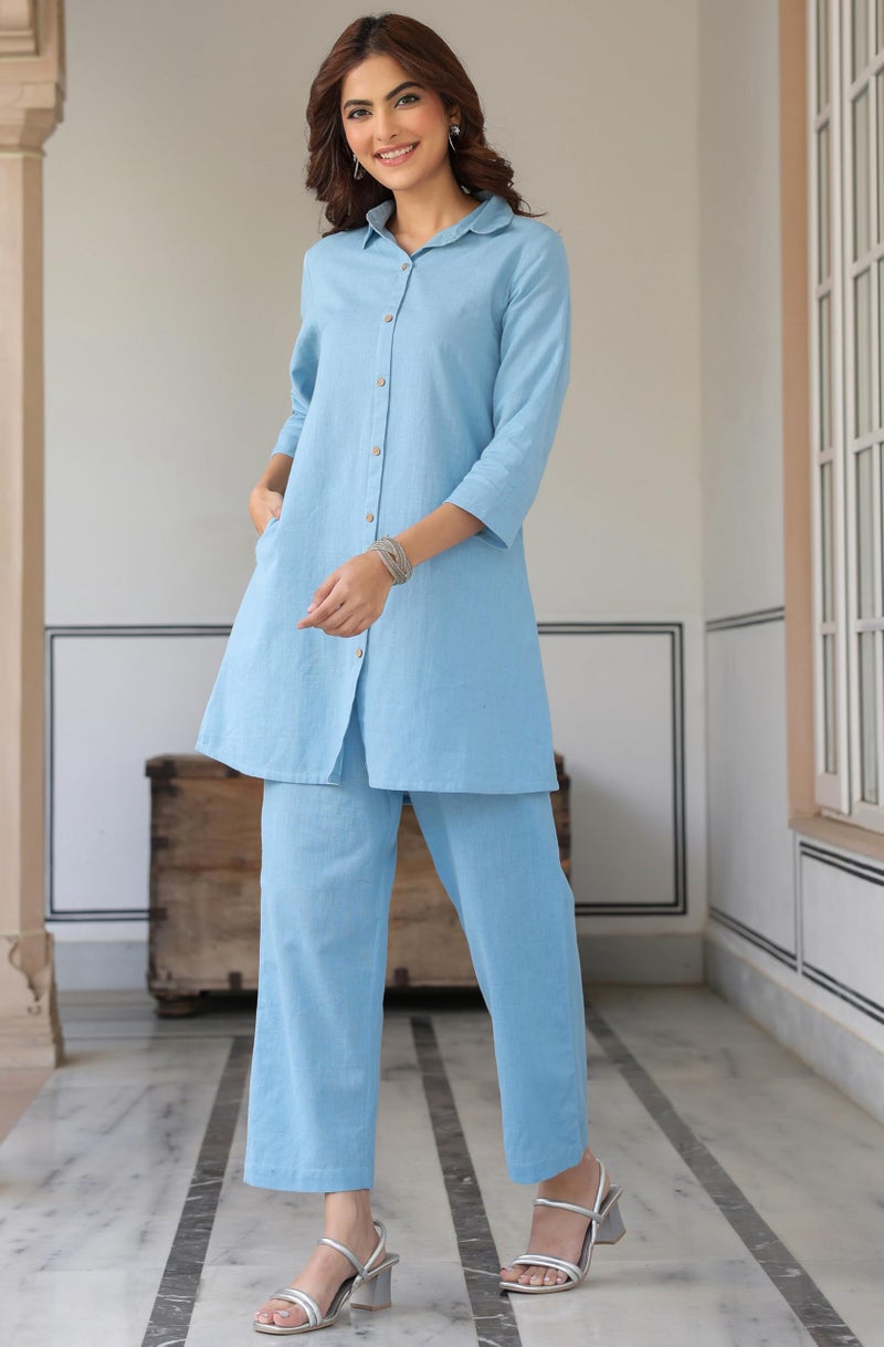 Janasya Women's Light Blue Linen Cotton Solid A-line Co-ord Set - Image 3