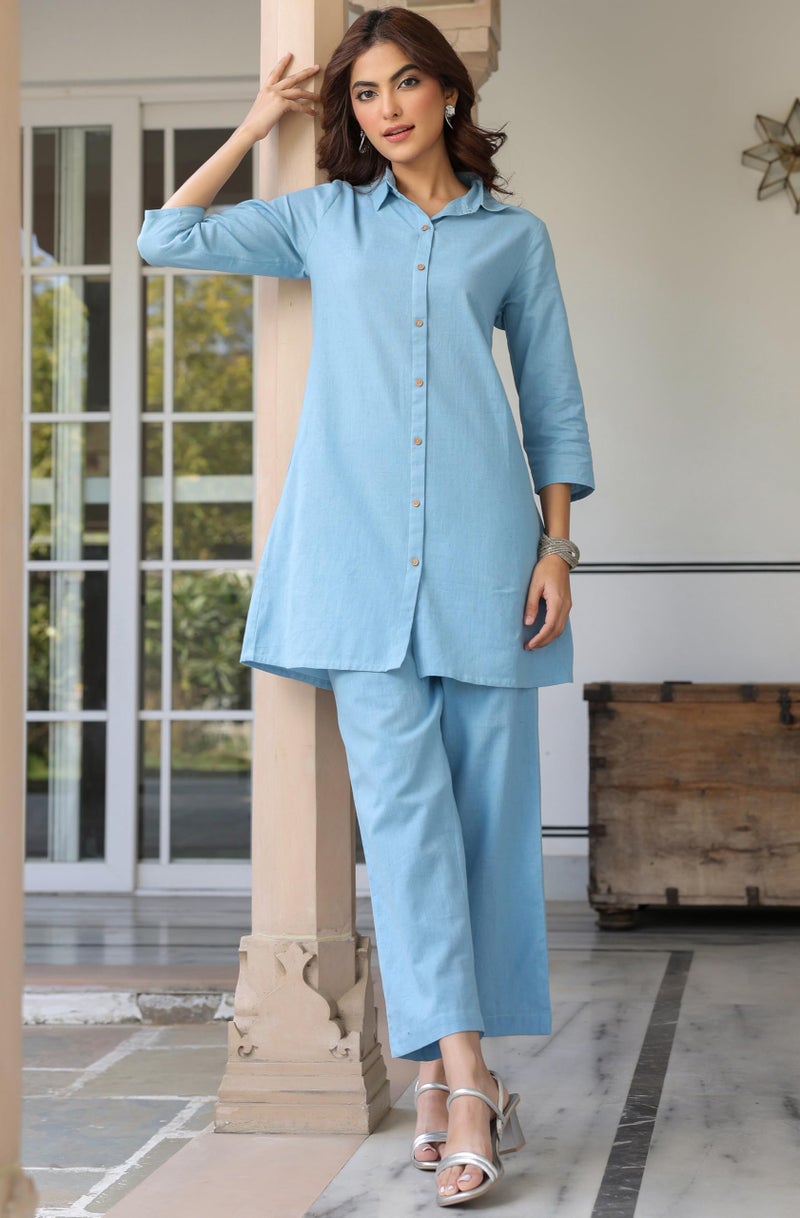 Janasya Women's Light Blue Linen Cotton Solid A-line Co-ord Set - Image 5