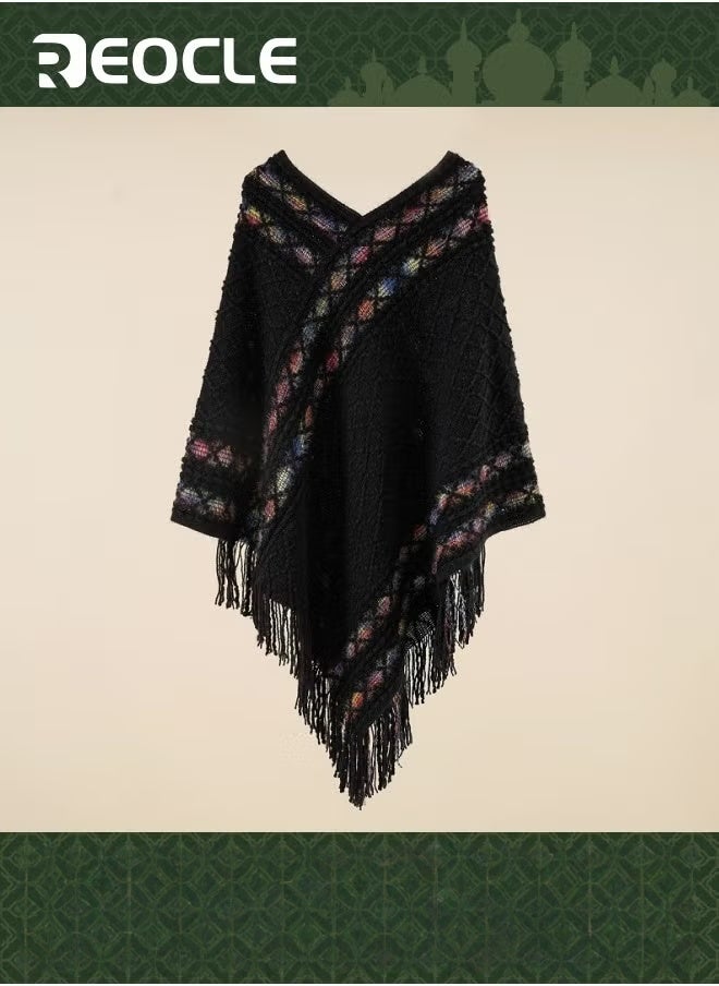 REOCLE Pullover Rhombus Plaid Shawl Spring and Autumn New Ethnic Style Tassel Cape to Wear with Women's Fashionable and Versatile Travel Coat  - Image 1
