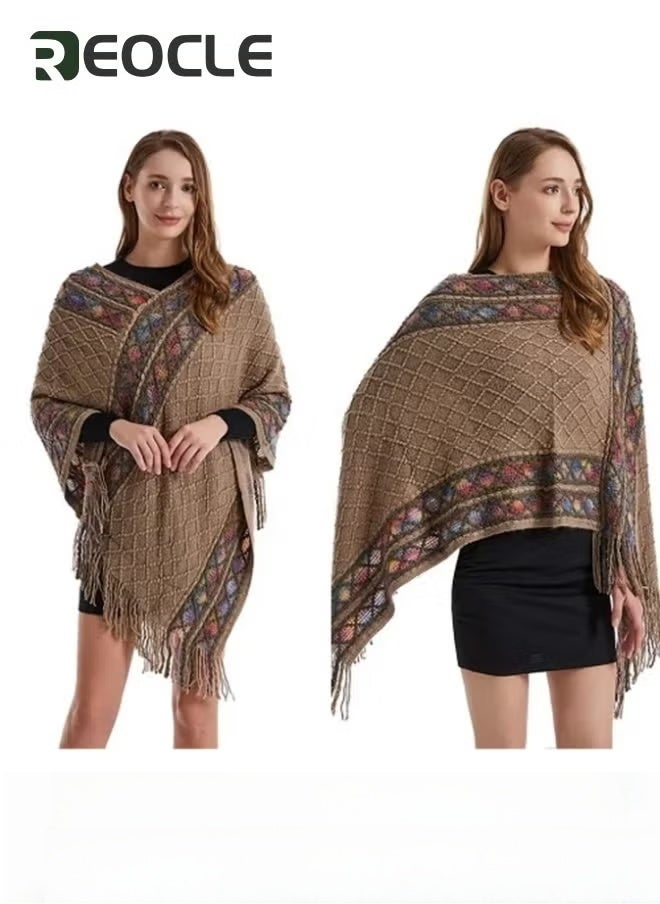 REOCLE Pullover Rhombus Plaid Shawl Spring and Autumn New Ethnic Style Tassel Cape to Wear with Women's Fashionable and Versatile Travel Coat  - Image 4