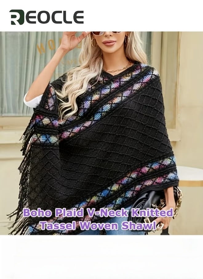 REOCLE Pullover Rhombus Plaid Shawl Spring and Autumn New Ethnic Style Tassel Cape to Wear with Women's Fashionable and Versatile Travel Coat  - Image 2