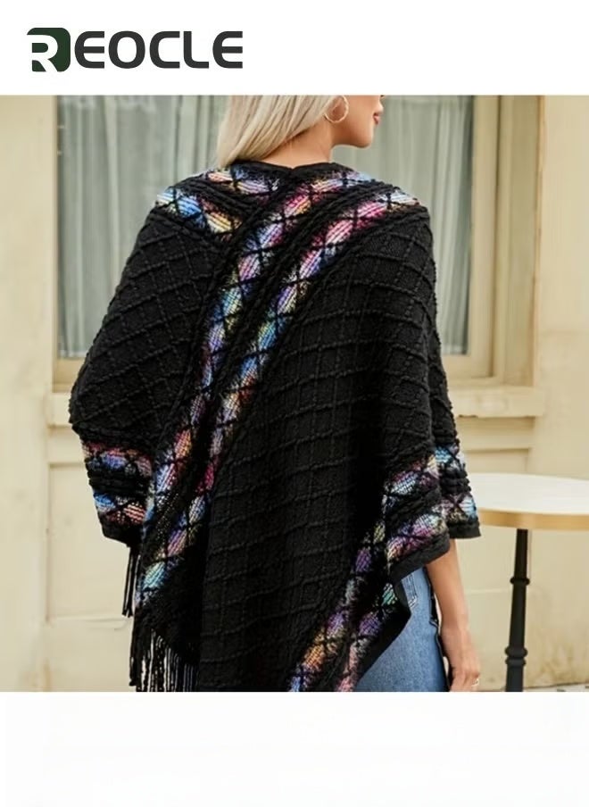 REOCLE Pullover Rhombus Plaid Shawl Spring and Autumn New Ethnic Style Tassel Cape to Wear with Women's Fashionable and Versatile Travel Coat  - Image 3