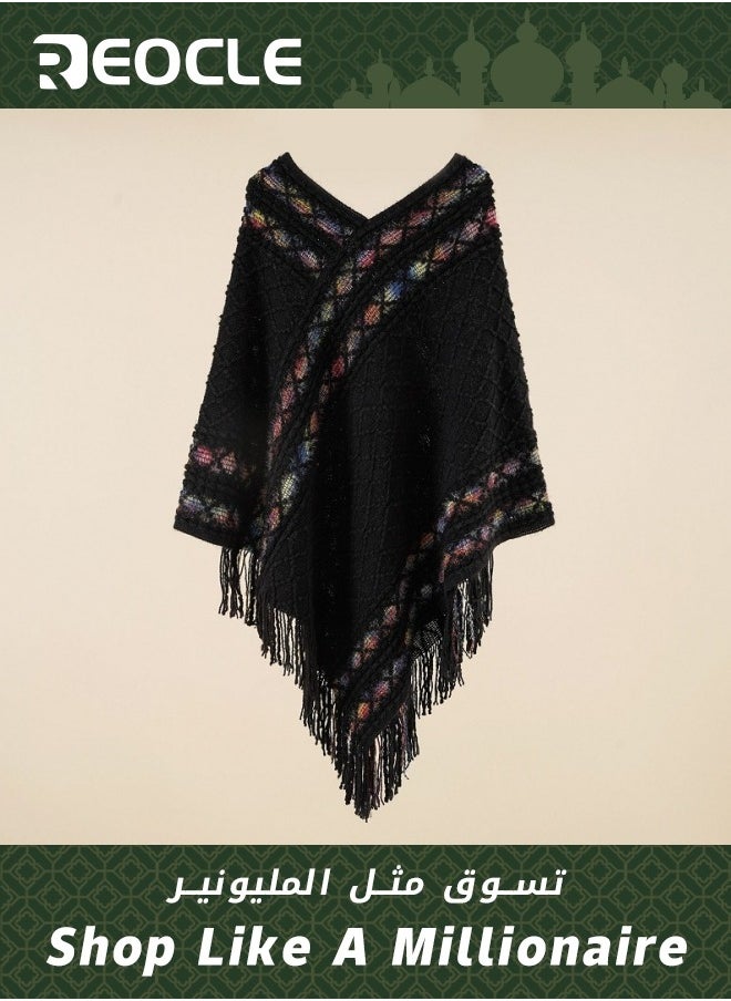 REOCLE Pullover Rhombus Plaid Shawl Spring and Autumn New Ethnic Style Tassel Cape to Wear with Women's Fashionable and Versatile Travel Coat  - Image 1