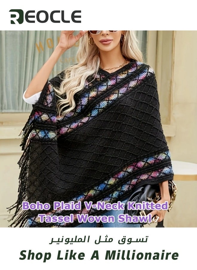 REOCLE Pullover Rhombus Plaid Shawl Spring and Autumn New Ethnic Style Tassel Cape to Wear with Women's Fashionable and Versatile Travel Coat  - Image 2