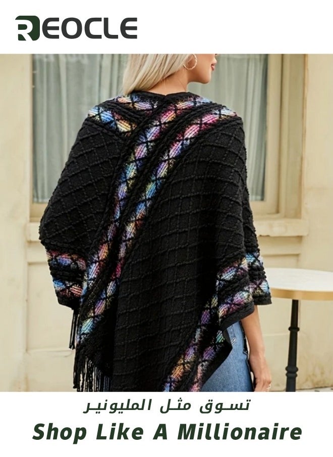 REOCLE Pullover Rhombus Plaid Shawl Spring and Autumn New Ethnic Style Tassel Cape to Wear with Women's Fashionable and Versatile Travel Coat  - Image 3