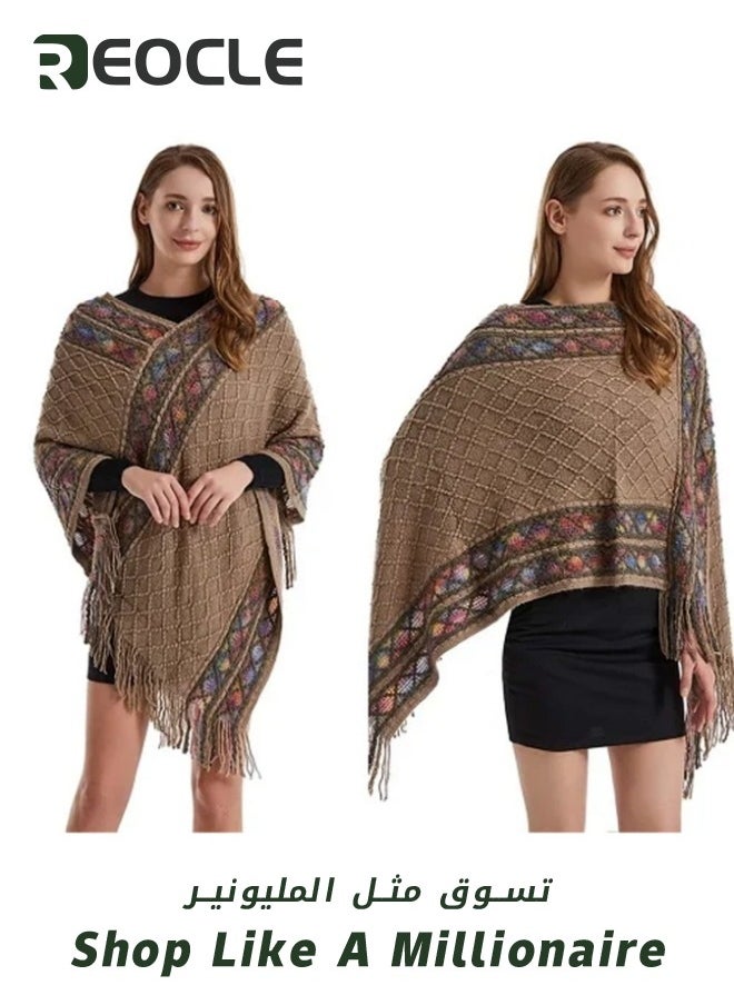 REOCLE Pullover Rhombus Plaid Shawl Spring and Autumn New Ethnic Style Tassel Cape to Wear with Women's Fashionable and Versatile Travel Coat  - Image 4