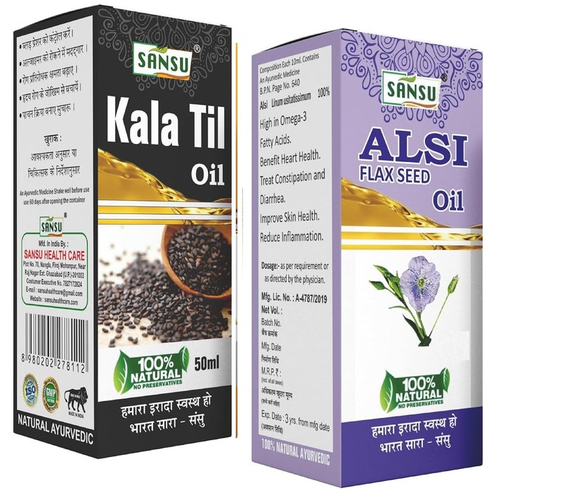 Sansu kala Til Ka Tel Natural Black Seesam oil 50ml With Alsi ka Tel Natural Flexseed oil 100ml Pack of 2 - Image 1
