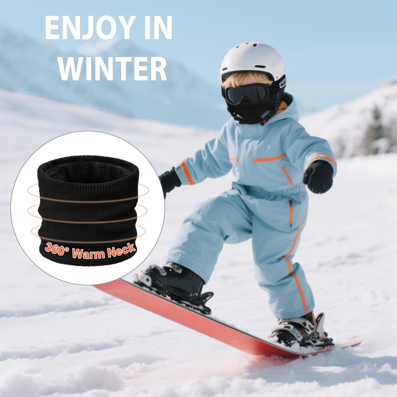 YUHAN PRETTY Kids Ski Mask Neck Warmer Winter Neck Gaiter Boys Girls Warm Thermal Fleece Lined Knitted Scarf for Cold Weather(Black) - Image 2