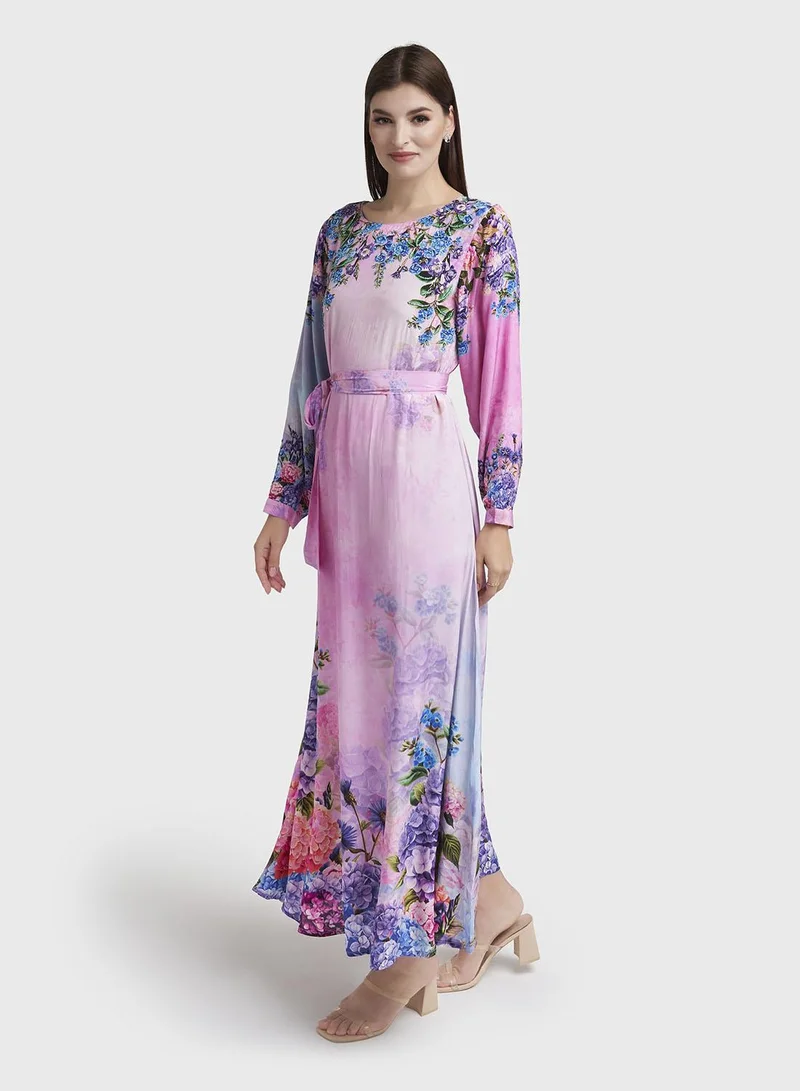 Kashkha  Light Pink Viscose Crepe Floral Print Light Pink Viscose Crepe Floral Print Dress with Beads Work (VDX09) for Women | Best Price UAE