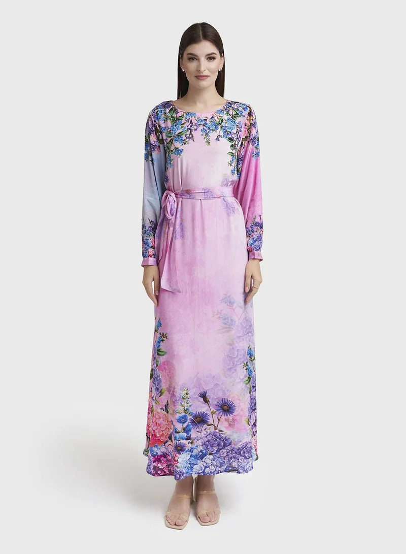 كشخة Light Pink Viscose Crepe Floral Print Light Pink Viscose Crepe Floral Print Dress with Beads Work (VDX09)