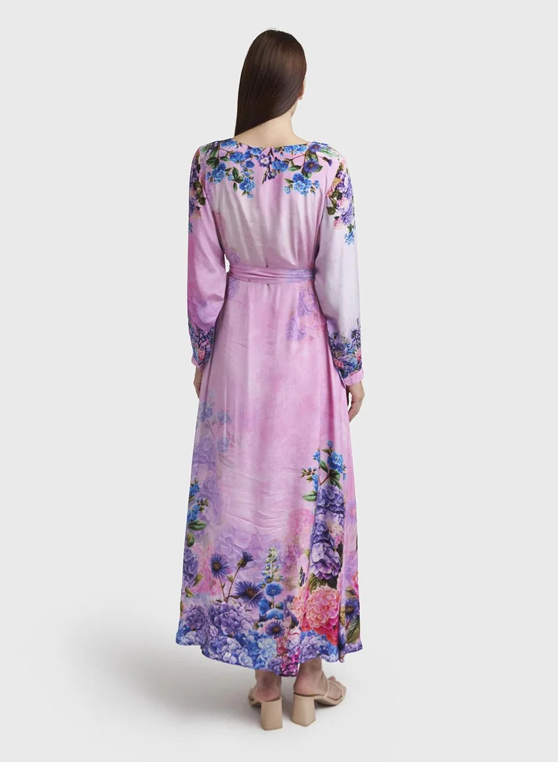 Kashkha  Light Pink Viscose Crepe Floral Print Light Pink Viscose Crepe Floral Print Dress with Beads Work (VDX09) for Women | Best Price UAE