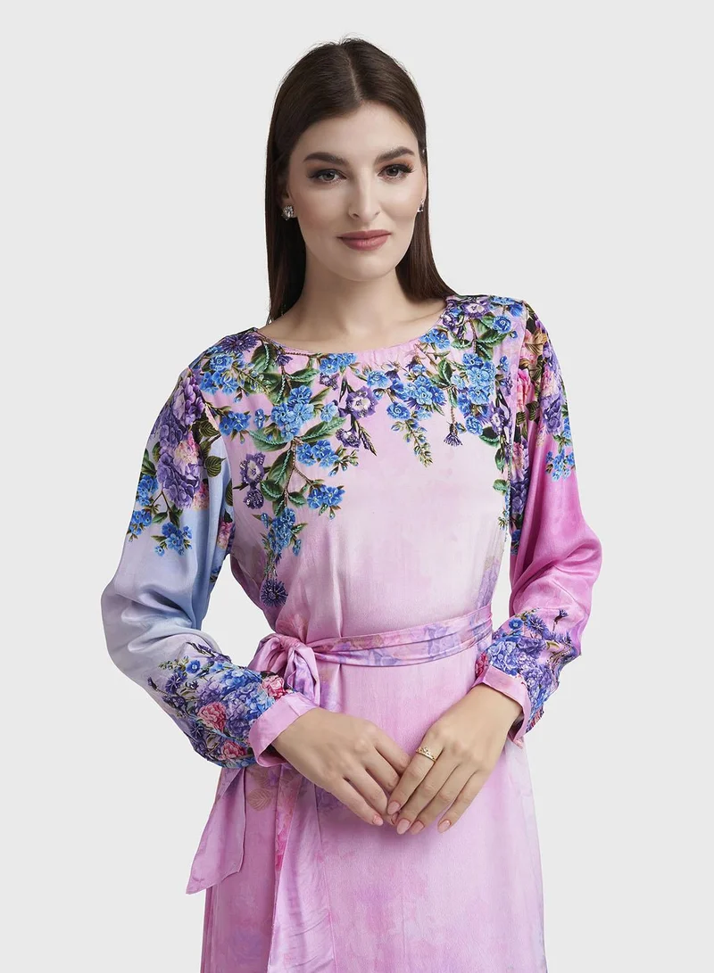 كشخة Light Pink Viscose Crepe Floral Print Light Pink Viscose Crepe Floral Print Dress with Beads Work (VDX09)