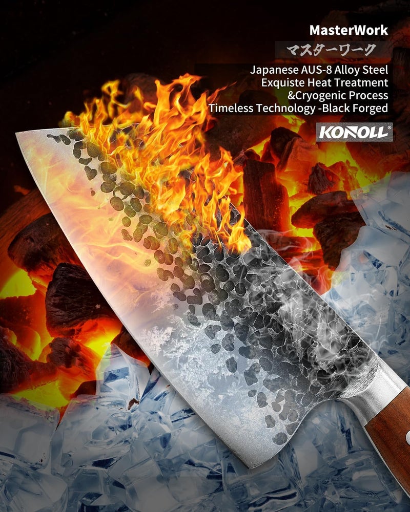 KONOLL ساطور لحم 7 بوصة مطروق ومطرقة سكين طباخ ياباني AUS-8 من الفولاذ الكربوني العالي مع مقبض خشبي صلب، سكاكين جزارين وسكين تقطيع الخضار - Image 4