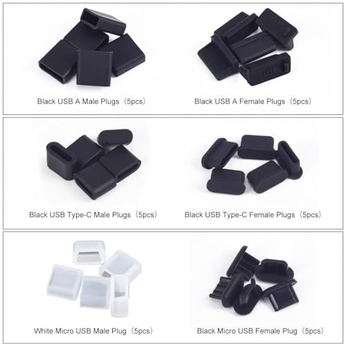 WLXTREE USB Cover Port Plug Caps - 30PCS 6 Type Silicone Anti Dust Cover USB Port Protection Stopper for USB Type-C, Micro USB, USB A Female and Male Ports with Cleaning Brush Kit - Image 2