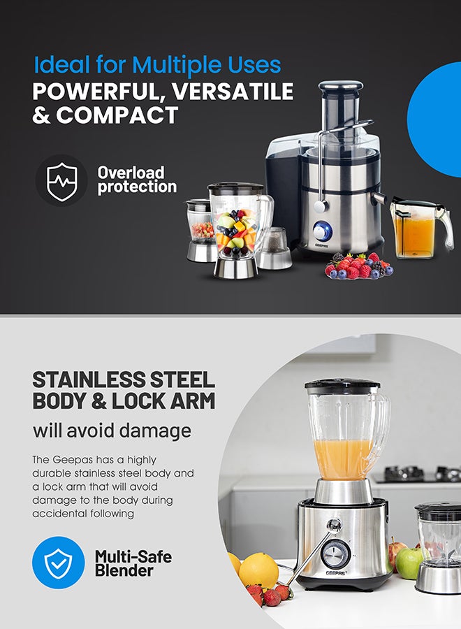 GEEPAS 4-in-1 Juicer & Blender - Compact Electric Blender, Juicer, Chopper & Grinder | 2-Speed Pulse Function With LED Light for Ice Crusher, Powerful Versatile & Compact, Stainless Steel Blades 800 W GSB5451 Silver/Black - Image 5