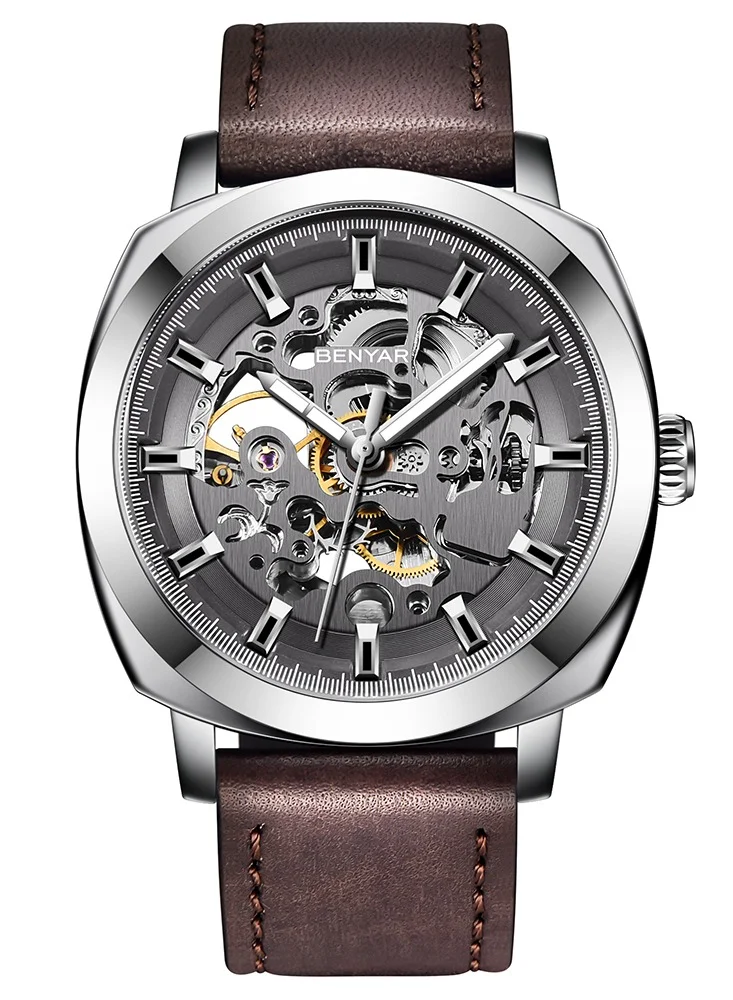 BENYAR Automatic Watches for Men | Skeleton Mechanical Leather Strap Mens Watch | 45mm Dial | 30M Waterproof | Men's Stylish Gift