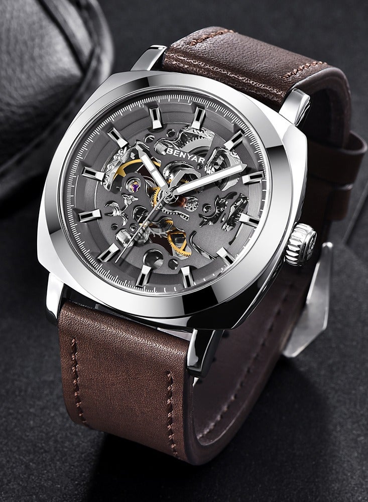 بينيار ساعات رجالية أوتوماتيكية ميكانيكية بسوار جلد  مم مقاومة للماء  متر - Image 5