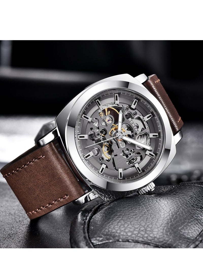 BENYAR Automatic Watches for Men | Skeleton Mechanical Leather Strap Mens Watch | 45mm Dial | 30M Waterproof | Men's Stylish Gift - Image 4