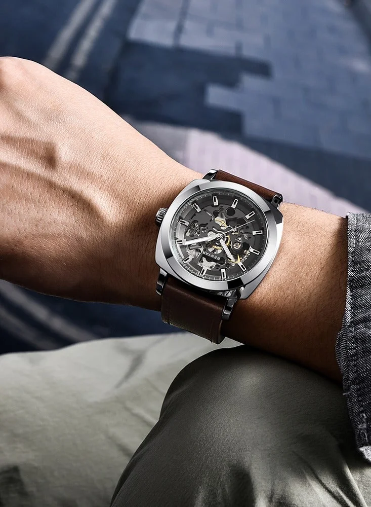 BENYAR Automatic Watches for Men | Skeleton Mechanical Leather Strap Mens Watch | 45mm Dial | 30M Waterproof | Men's Stylish Gift