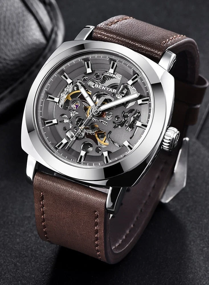Benyar Silver Brown A Automatic Watches for Men | Skeleton Mechanical Leather Strap Mens Watch | 45mm Dial | 30M Waterproof | Men's Stylish Gift for Men | Best Price UAE
