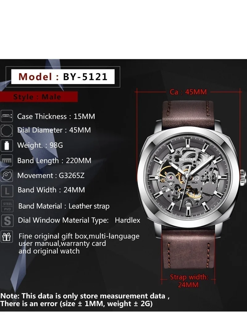 Benyar Silver Brown A Automatic Watches for Men | Skeleton Mechanical Leather Strap Mens Watch | 45mm Dial | 30M Waterproof | Men's Stylish Gift for Men | Best Price UAE