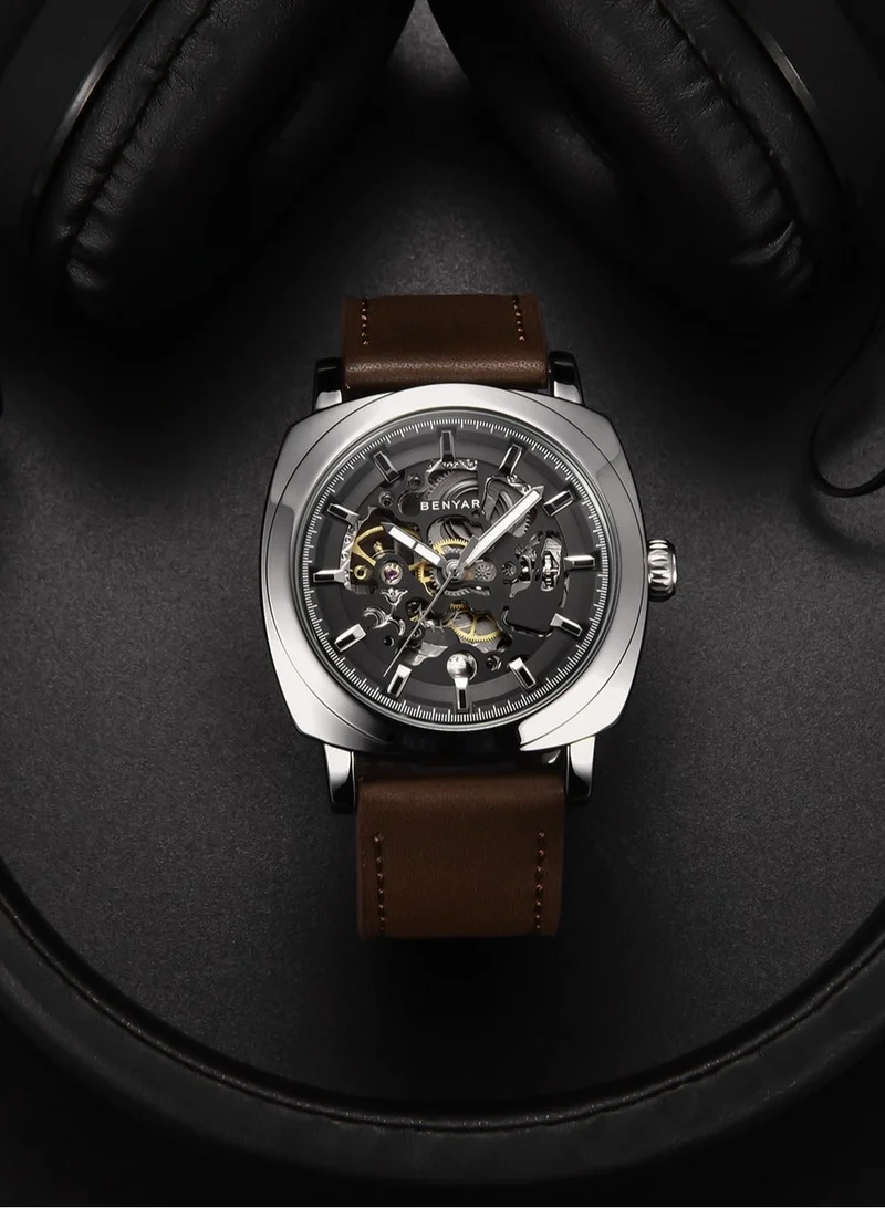 Benyar Silver Brown A Automatic Watches for Men | Skeleton Mechanical Leather Strap Mens Watch | 45mm Dial | 30M Waterproof | Men's Stylish Gift for Men | Best Price UAE