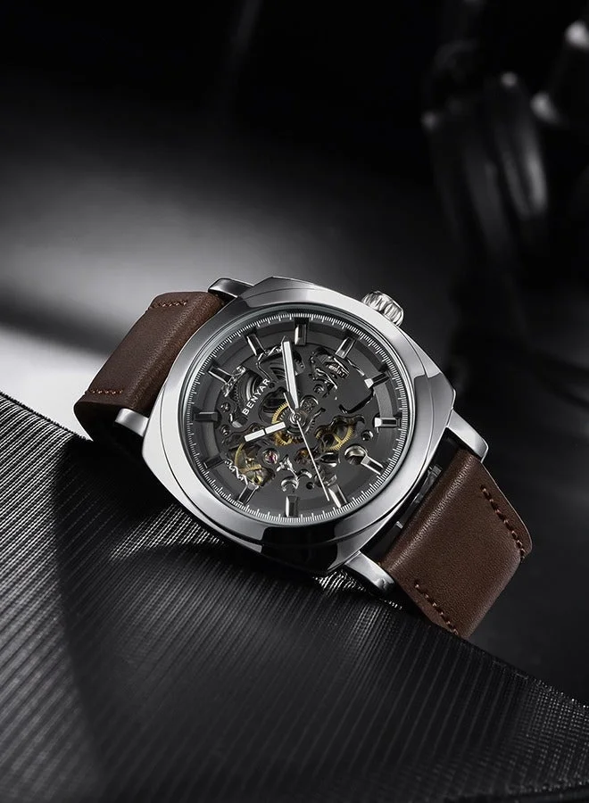 Benyar Silver Brown A Automatic Watches for Men | Skeleton Mechanical Leather Strap Mens Watch | 45mm Dial | 30M Waterproof | Men's Stylish Gift for Men | Best Price UAE