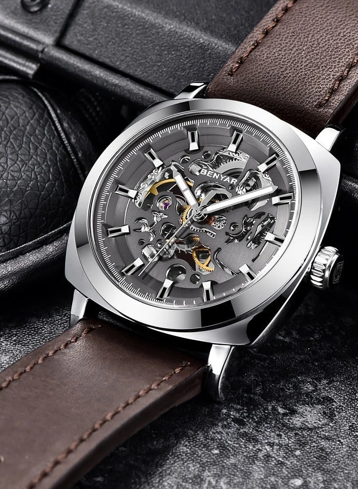 Benyar Silver Brown A Automatic Watches for Men | Skeleton Mechanical Leather Strap Mens Watch | 45mm Dial | 30M Waterproof | Men's Stylish Gift for Men | Best Price UAE