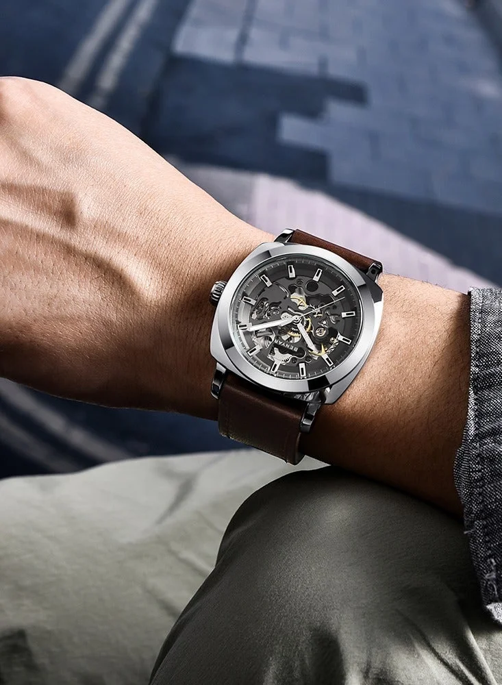 Benyar Automatic Watches for Men | Skeleton Mechanical Leather Strap Mens Watch | 45mm Dial | 30M Waterproof | Men's Stylish Gift