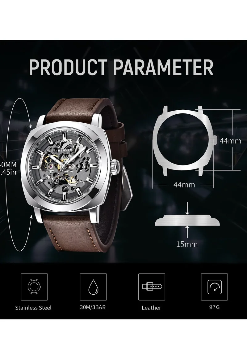 Benyar Silver Brown A Automatic Watches for Men | Skeleton Mechanical Leather Strap Mens Watch | 45mm Dial | 30M Waterproof | Men's Stylish Gift for Men | Best Price UAE