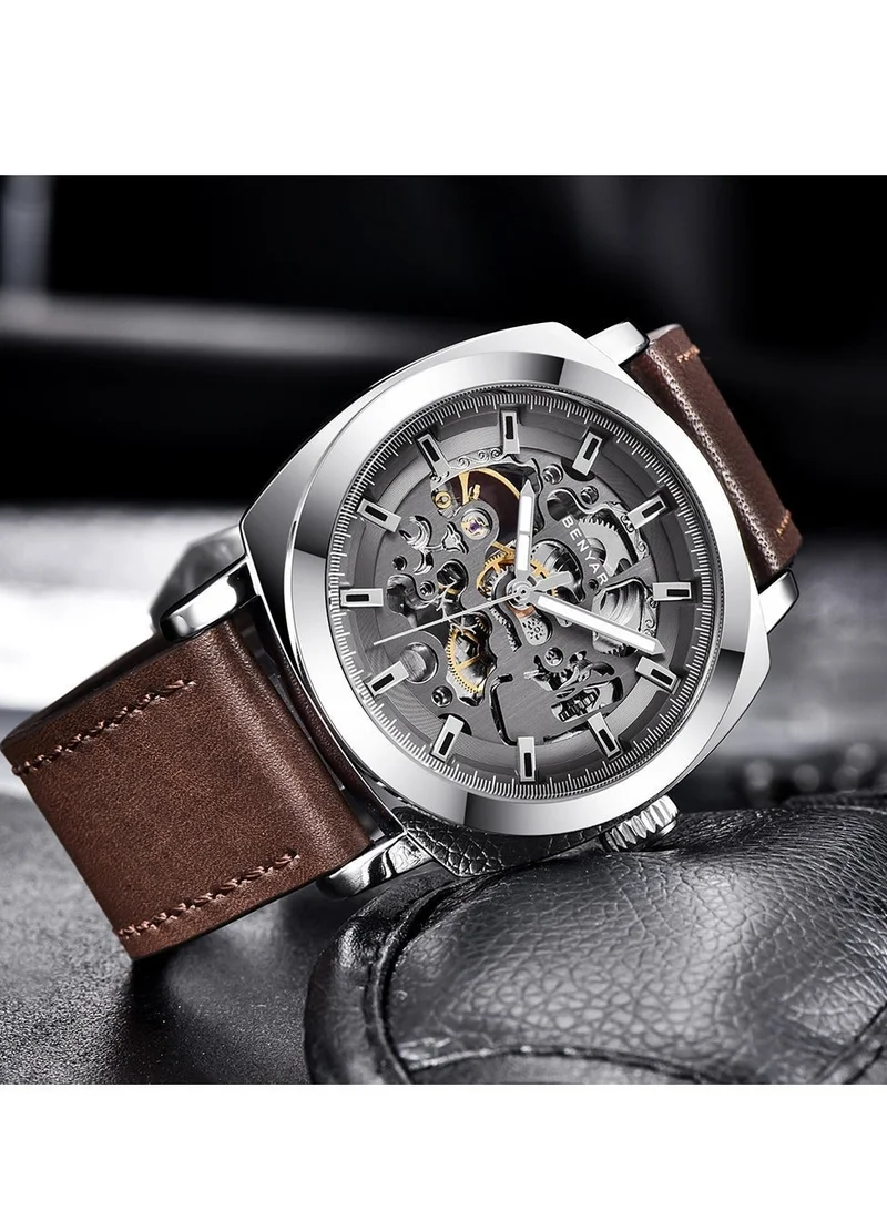 Benyar Silver Brown A Automatic Watches for Men | Skeleton Mechanical Leather Strap Mens Watch | 45mm Dial | 30M Waterproof | Men's Stylish Gift for Men | Best Price UAE