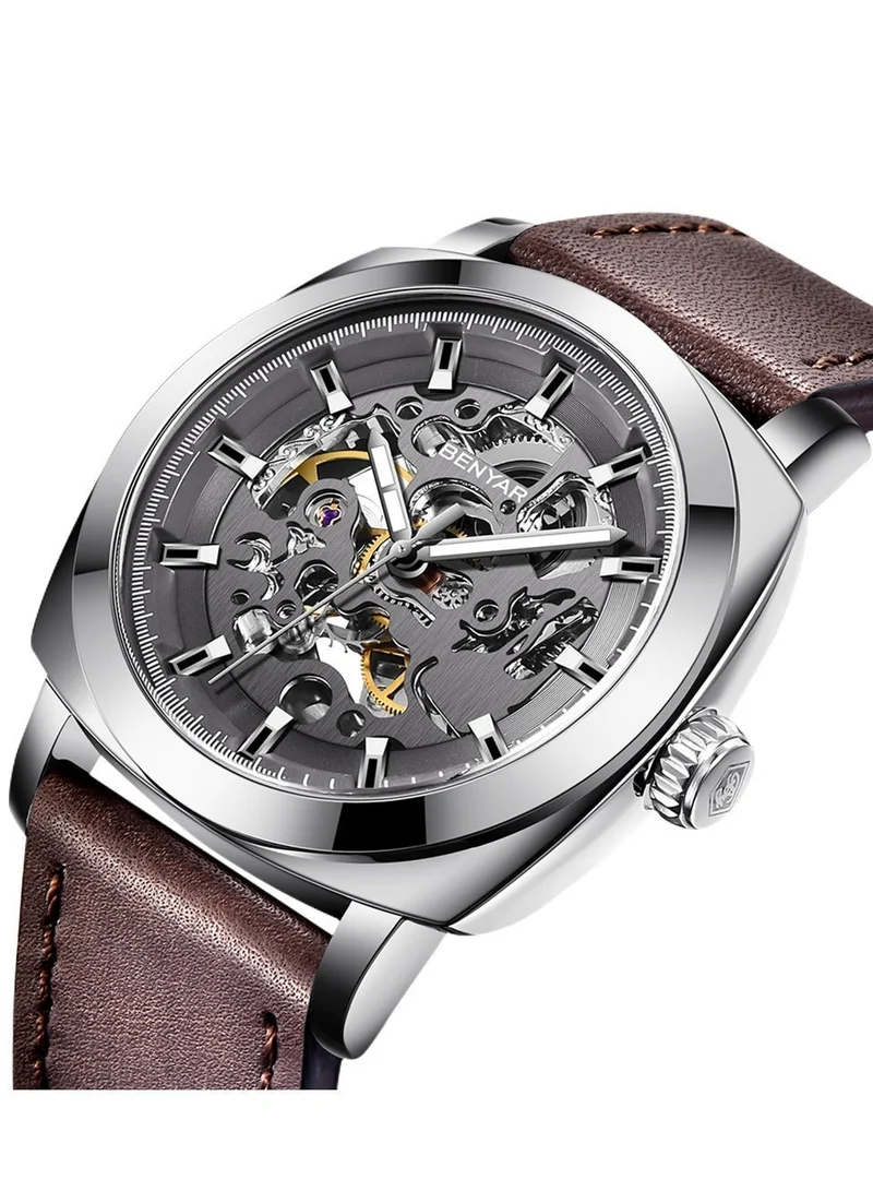 Benyar Silver Brown A Automatic Watches for Men | Skeleton Mechanical Leather Strap Mens Watch | 45mm Dial | 30M Waterproof | Men's Stylish Gift for Men | Best Price UAE