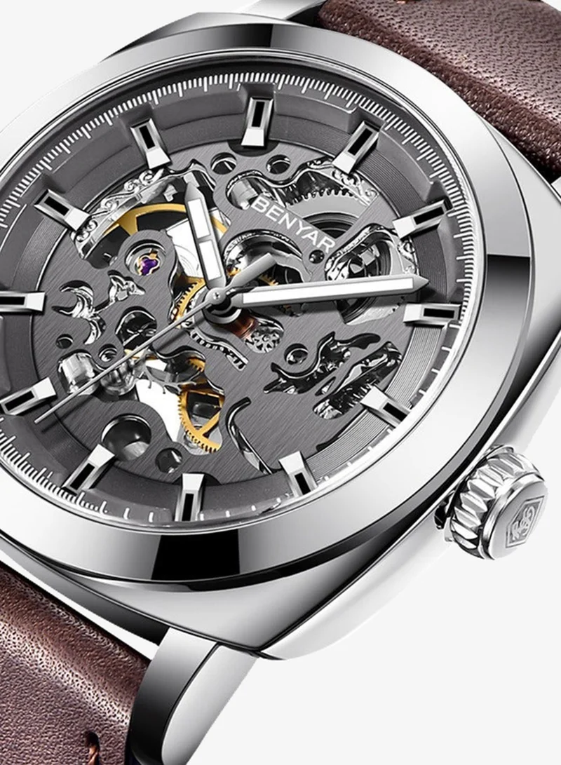 Benyar Silver Brown A Automatic Watches for Men | Skeleton Mechanical Leather Strap Mens Watch | 45mm Dial | 30M Waterproof | Men's Stylish Gift for Men | Best Price UAE