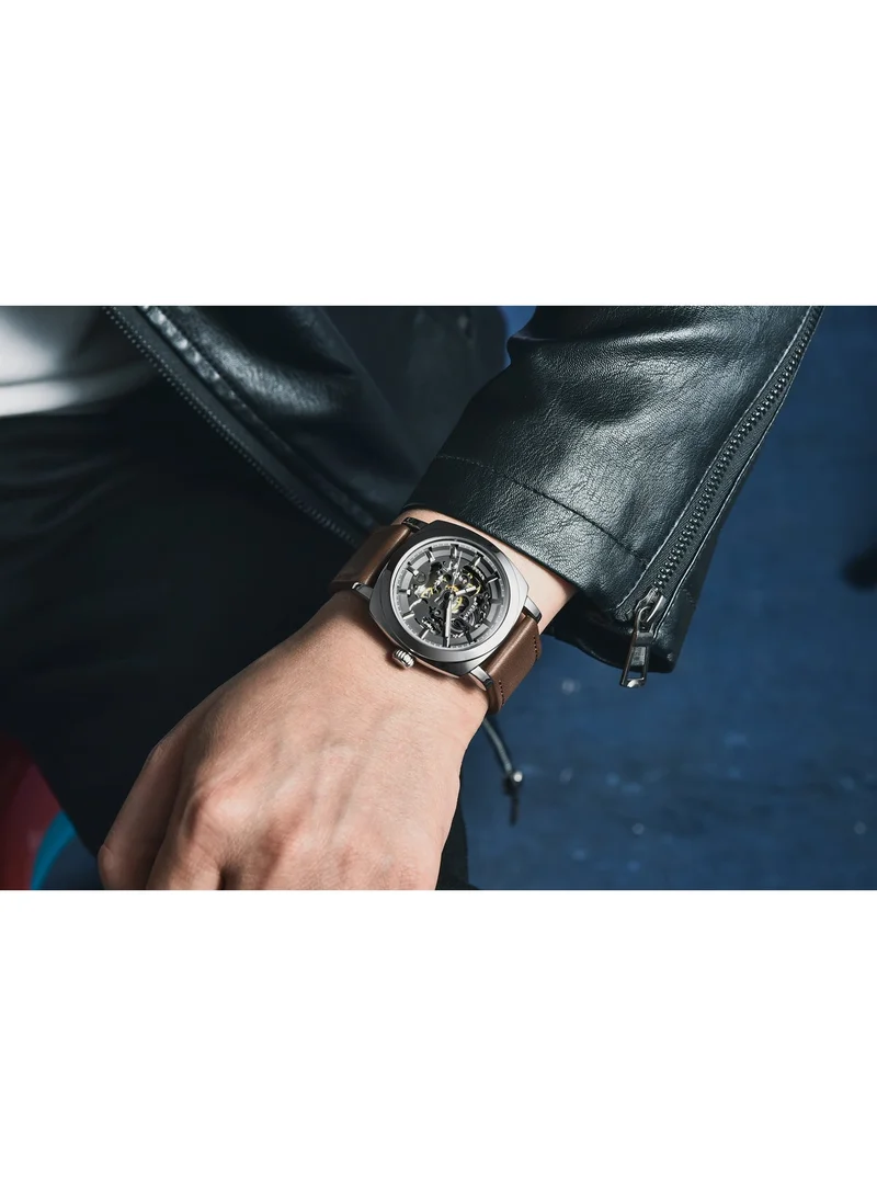 Benyar Silver Brown A Automatic Watches for Men | Skeleton Mechanical Leather Strap Mens Watch | 45mm Dial | 30M Waterproof | Men's Stylish Gift for Men | Best Price UAE