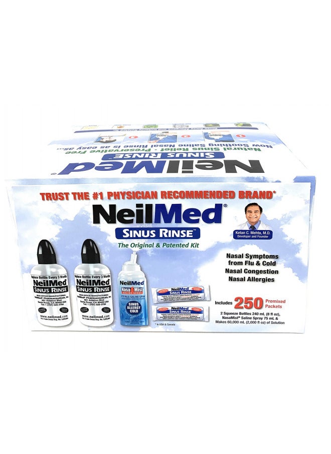 NeilMed NeilMed Sinus Rinse - 2 squeeze Bottles 240mL (8fl oz) & Nasamist Saline Spray 75mL - 250 Premixed Packets - BONUS Nasa Mist Saline Spray - Value Pack  - Image 3