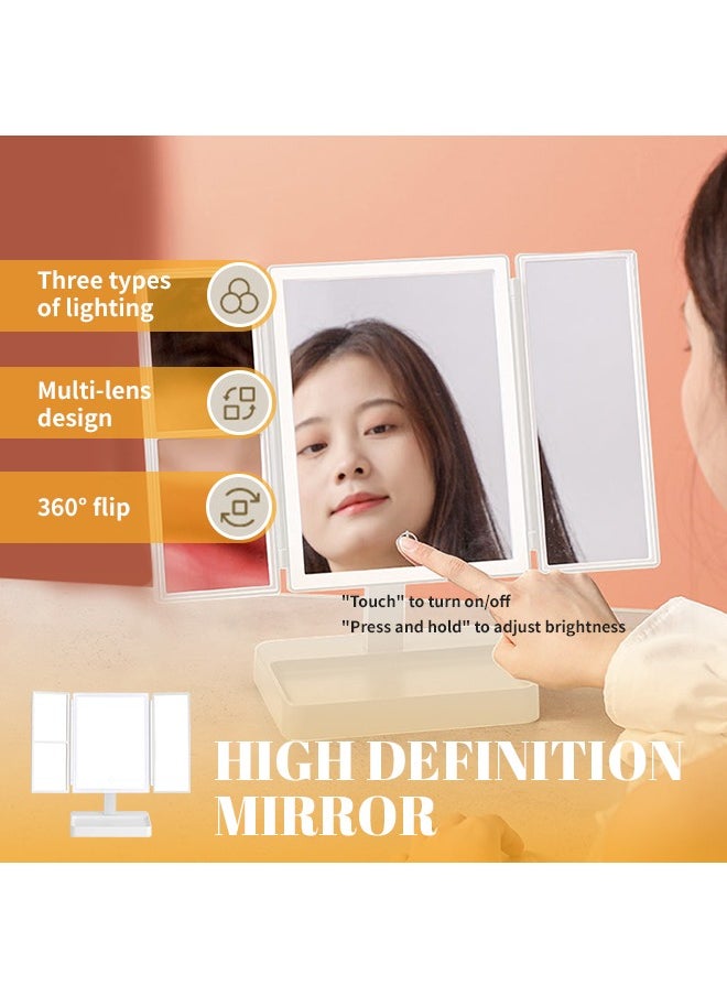 3-Sided Folding Makeup Mirror, Vanity Mirror with 1×, 2×, 3× Magnification Effects, Suitable for Exquisite Makeup in Various Occasions