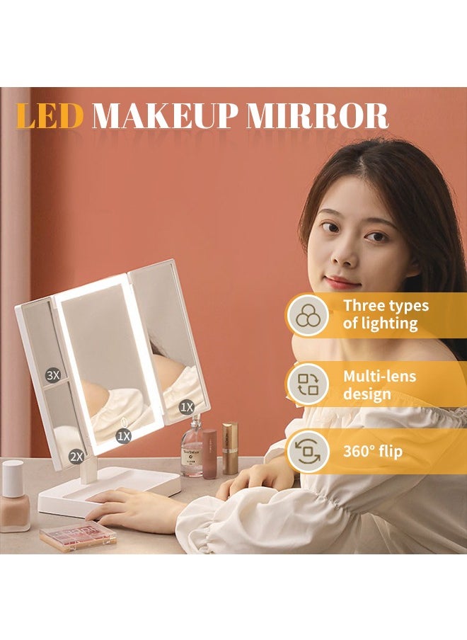 3-Sided Folding Makeup Mirror, Vanity Mirror with 1×, 2×, 3× Magnification Effects, Suitable for Exquisite Makeup in Various Occasions