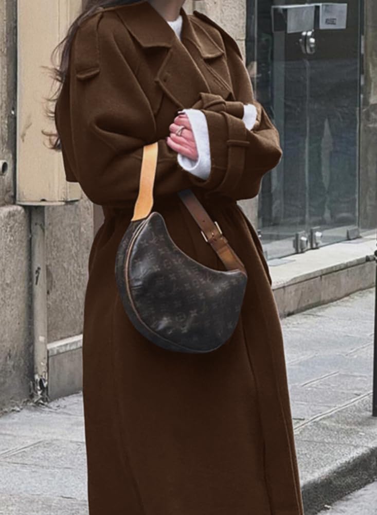 chouyatou Women's Winter Double Breasted Wool Coat Long Sleeve Notch Lapel Midi Long Winter Trench Coat with Belt (Large, Brown) - Image 5