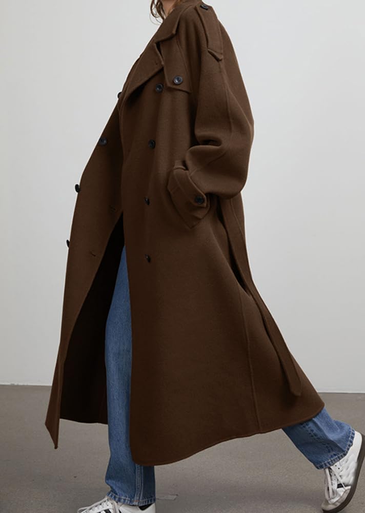 chouyatou Women's Winter Double Breasted Wool Coat Long Sleeve Notch Lapel Midi Long Winter Trench Coat with Belt (Large, Brown) - Image 3