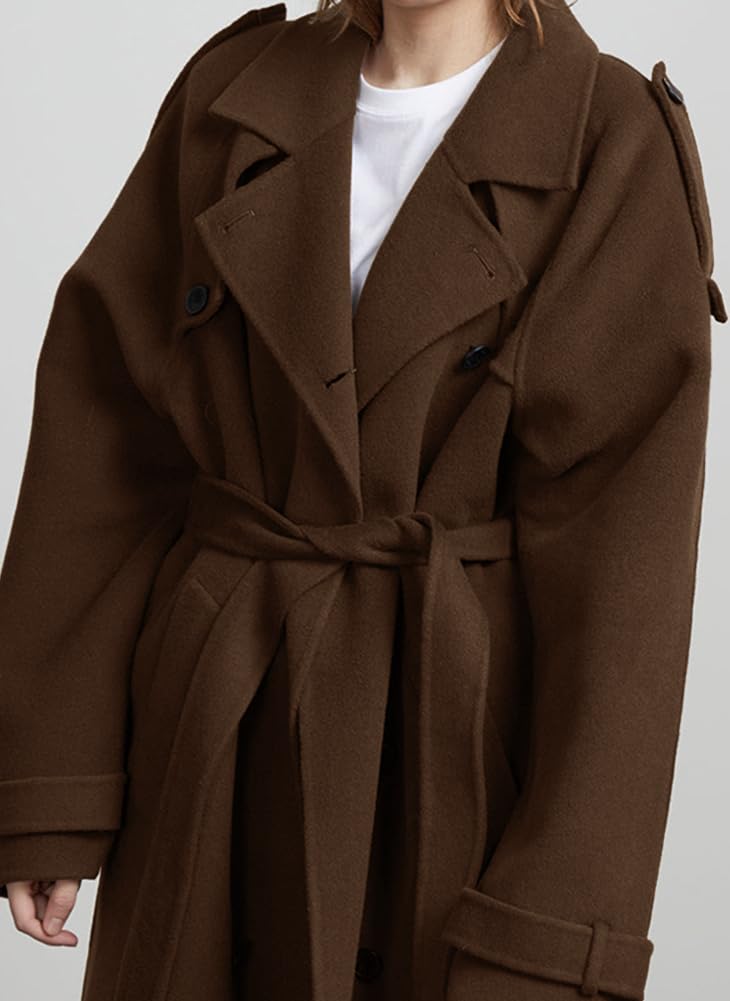 chouyatou Women's Winter Double Breasted Wool Coat Long Sleeve Notch Lapel Midi Long Winter Trench Coat with Belt (Large, Brown) - Image 4