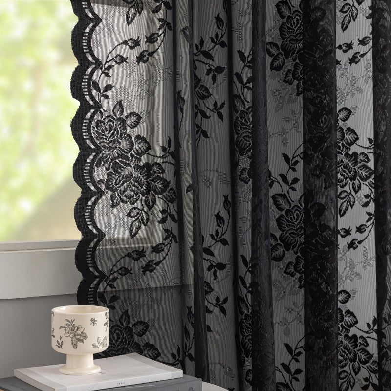 YJ YANJUN Black Lace Sheer Curtains- 63 Inches Length- Goth Curtains For Bedroom Kitchen   Vintage Peony Floral  2 Panels  Light Filtering  Witchy Gothic Haunted House Halloween Home Decor 52W X 63L Inch - Image 4