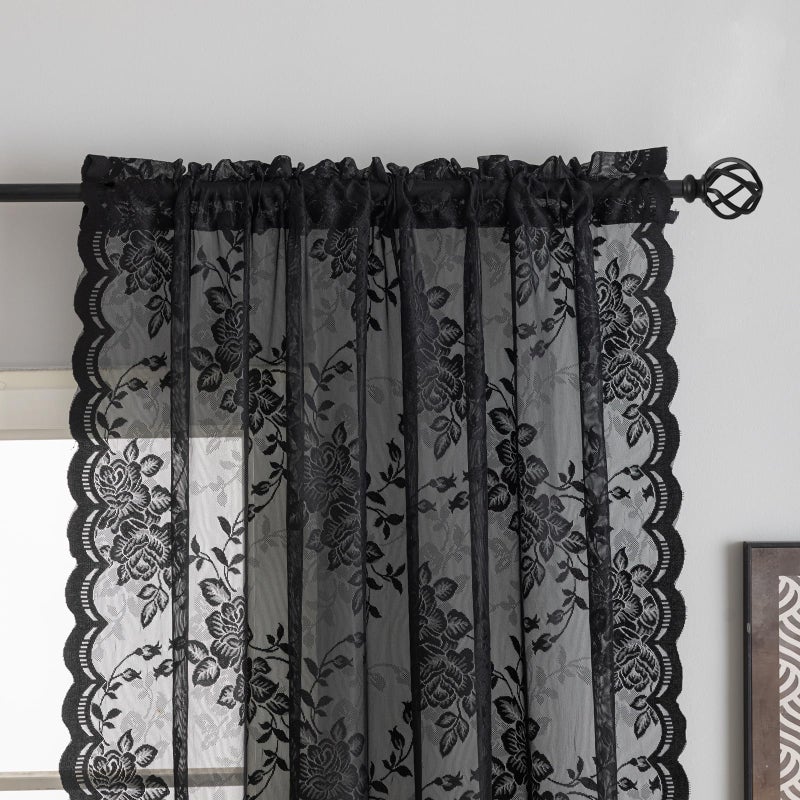 YJ YANJUN Black Lace Sheer Curtains- 63 Inches Length- Goth Curtains For Bedroom Kitchen   Vintage Peony Floral  2 Panels  Light Filtering  Witchy Gothic Haunted House Halloween Home Decor 52W X 63L Inch - Image 3