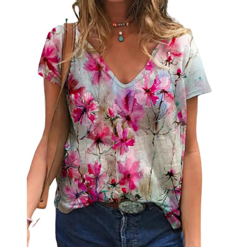 2021 New Summer Popular Floral Printing T-Shirt Women'S Short Sleeve V-Neck T-Shirt - Image 1