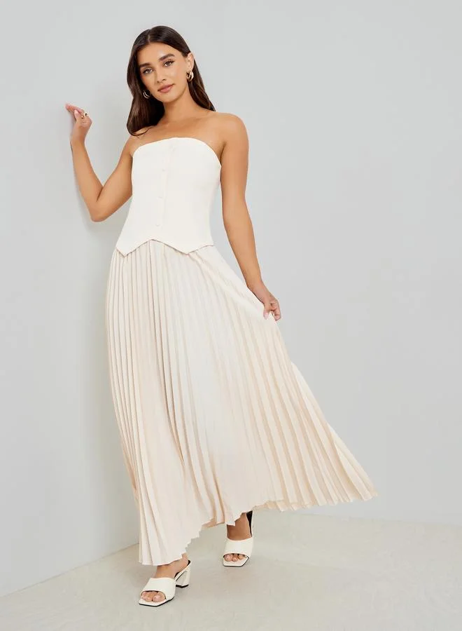 Styli Women Cream Bandeau Pleated Maxi Dress