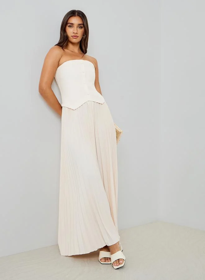 Styli Women Cream Bandeau Pleated Maxi Dress