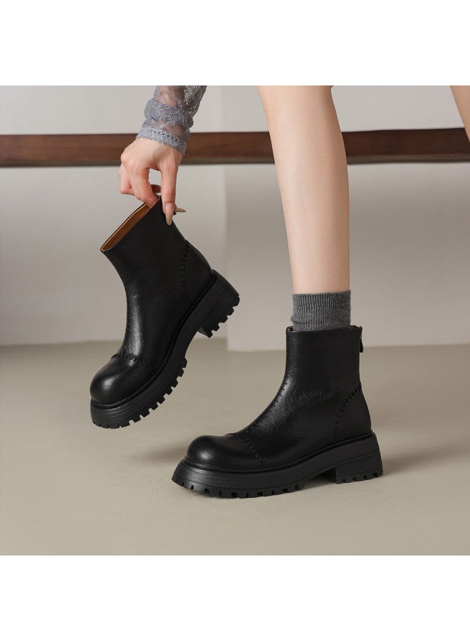 AME Retro Stitched Thick-sole Ankle Boots 2025 Autumn/winter New Comfortable Versatile Back-zip Chelsea Boots For Women - Image 3