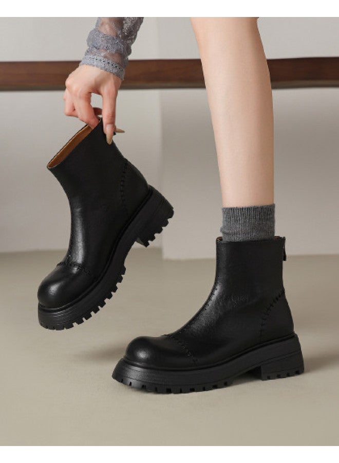 AME Retro Stitched Thick-sole Ankle Boots 2025 Autumn/winter New Comfortable Versatile Back-zip Chelsea Boots For Women - Image 1